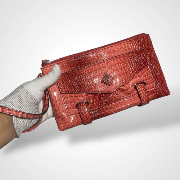 Simply Vera Wang Zip Top Wristlet Faux Croc Evening Clutch Handbag Pouch Coral - Picture 9 of 11